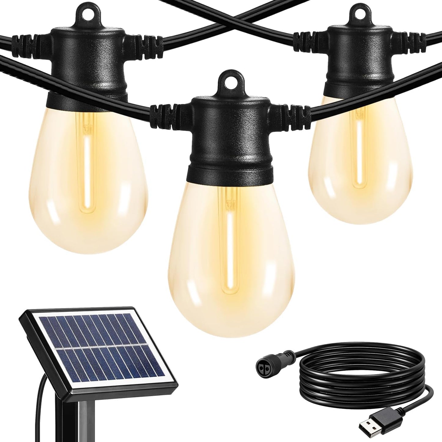 SUNTHIN Outdoor Solar String Lights, 48ft Solar Patio Lights with USB Rechargeable, Waterproof & Shatterproof Solar Powered Bulbs for Yard, Porch, Garden, Pool, Party, Camping