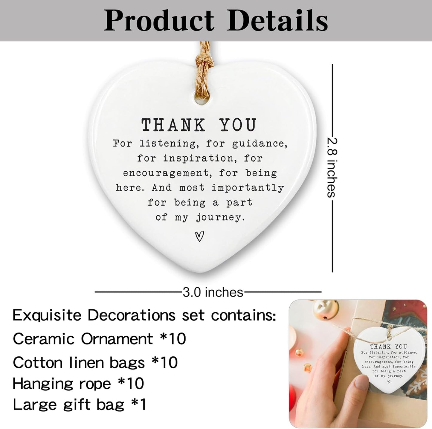 Thank You Appreciation Gifts for Women Men - 10 Pcs for Coworkers, Teacher, Friend, Boss - Leaving Job, Goodbye Farewell Grateful Decoration Heart Shape Keepsake