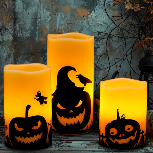 GenSwin Halloween Pumpin Flameless Candles, LED Battery Operated Pillar Pumpkin Candles with 6H Timer, 3 Pack LED Flickering Candles for Fall Spooky Halloween Decoration(D3 xH4 5" 6")