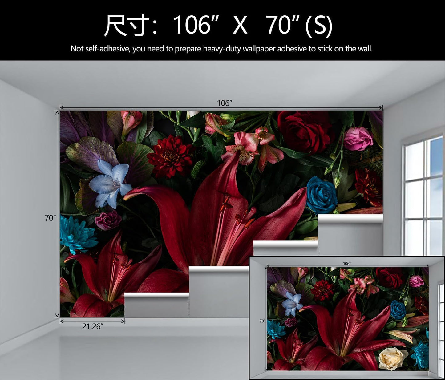 Large Dark Floral Wallpaper Colorful Spring Flowers Background Wall Mural (Not Peel and Stick)