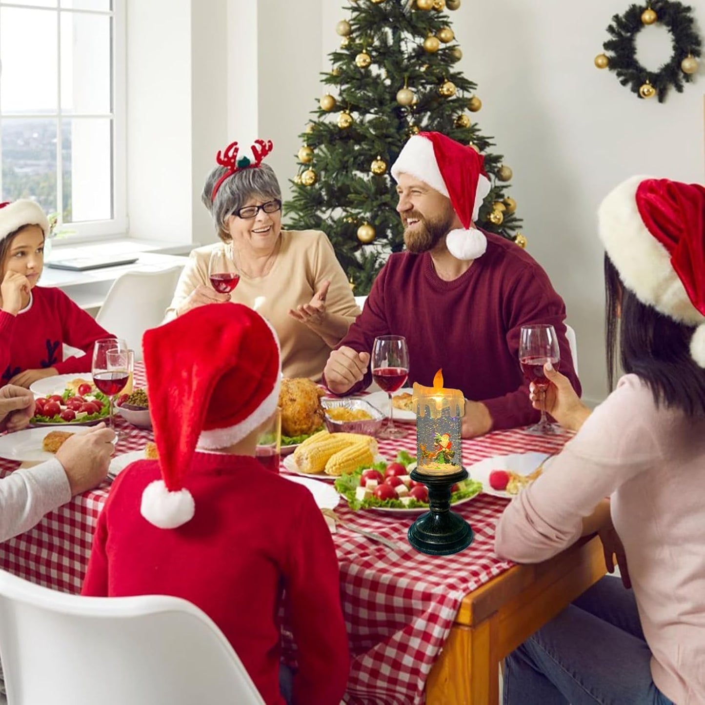 Flameless Snow Globe Candle Light Christmas Santa Decoration with Swirling Water & Glitter, Spinning LED Candles for Home, Tabletop, Holiday Decor