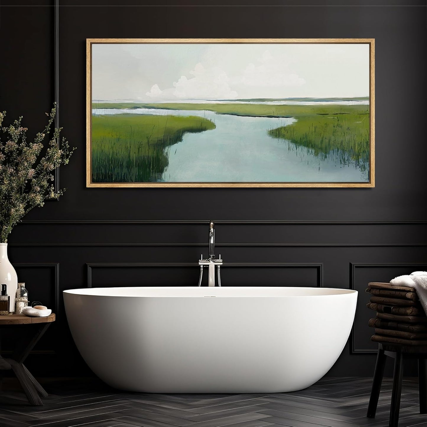MUDECOR Extra Large Framed Canvas Print Wall Art Serene Marshland Landscape Green and Blue Peaceful Illustrations Antique Retro Fine Art Illustrations Decorative Colorful for Bedroom - 60"x30"