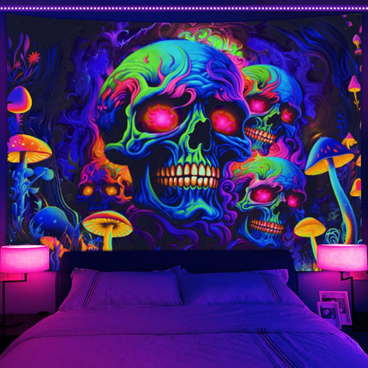 Xiaoput Skull Blacklight Wall Art, UV Reactive Skeleton Tapestry for Bedroom, Living Room, Dorm Decor 90x70IN