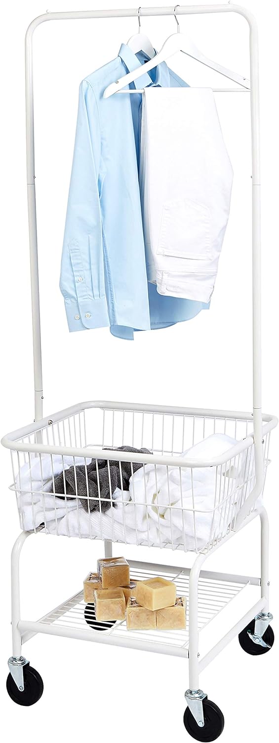 Amazon Basics Rectangular Laundry Hamper Basket Butler Cart with Wheels and Hanging Rack, White