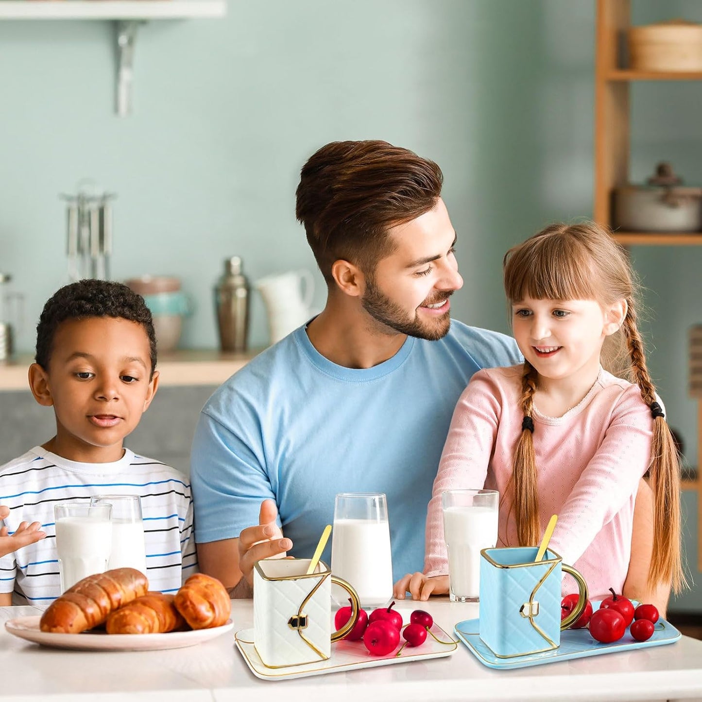 Zubebe 2 Sets Coffee Mug Elegant Handbag Shaped Cup Modern Ceramic Purse Mug with Spoon and Saucer, 10oz Cute Creative Tea Cup for Office Home Woman Girls Gift (White,Blue)