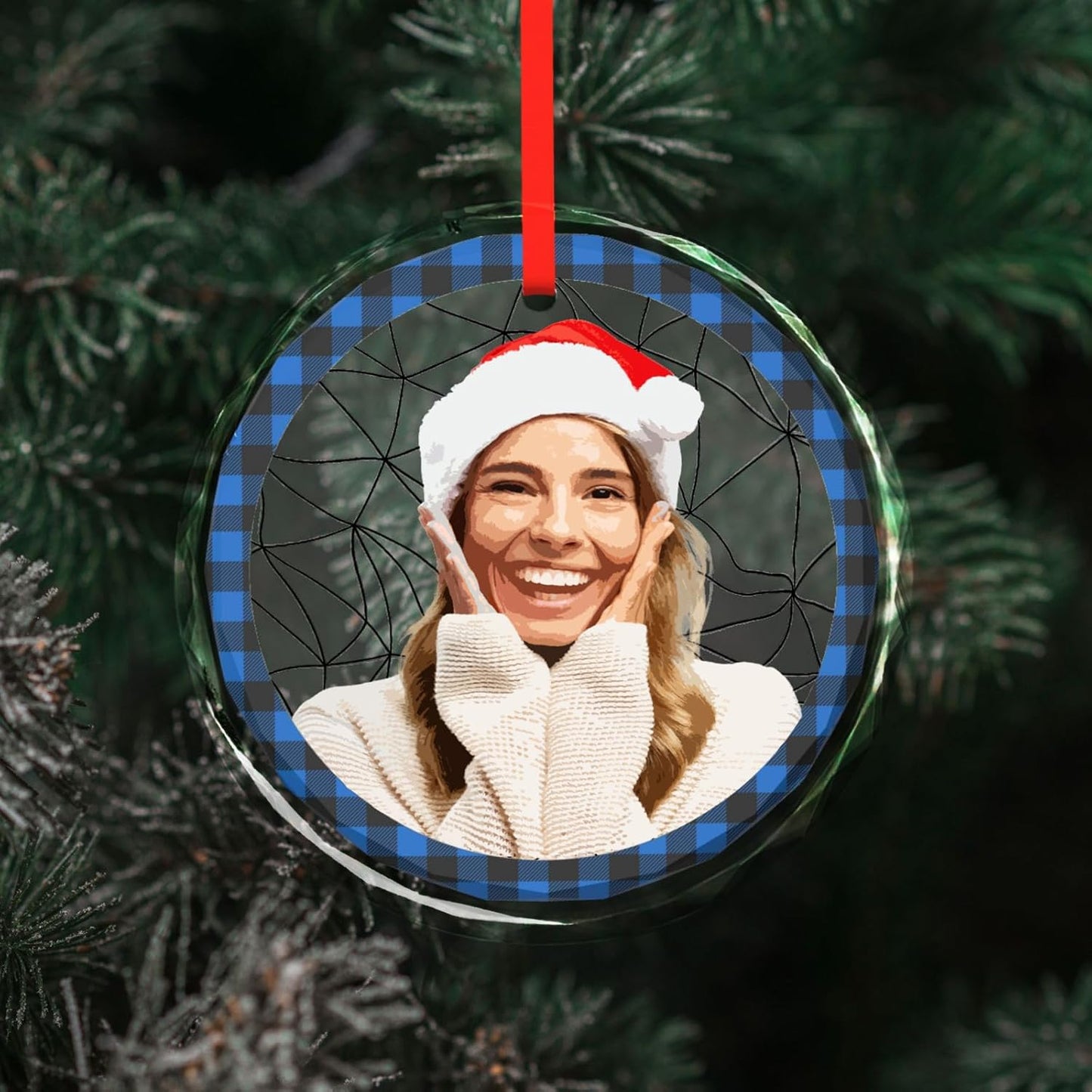 Personalized Christmas Ornaments, Custom Plaid Glass Ornament with Photo,Customized Christmas Tree Decor Gifts for Family, Dad, Mom, Him, Her, Girlfrend