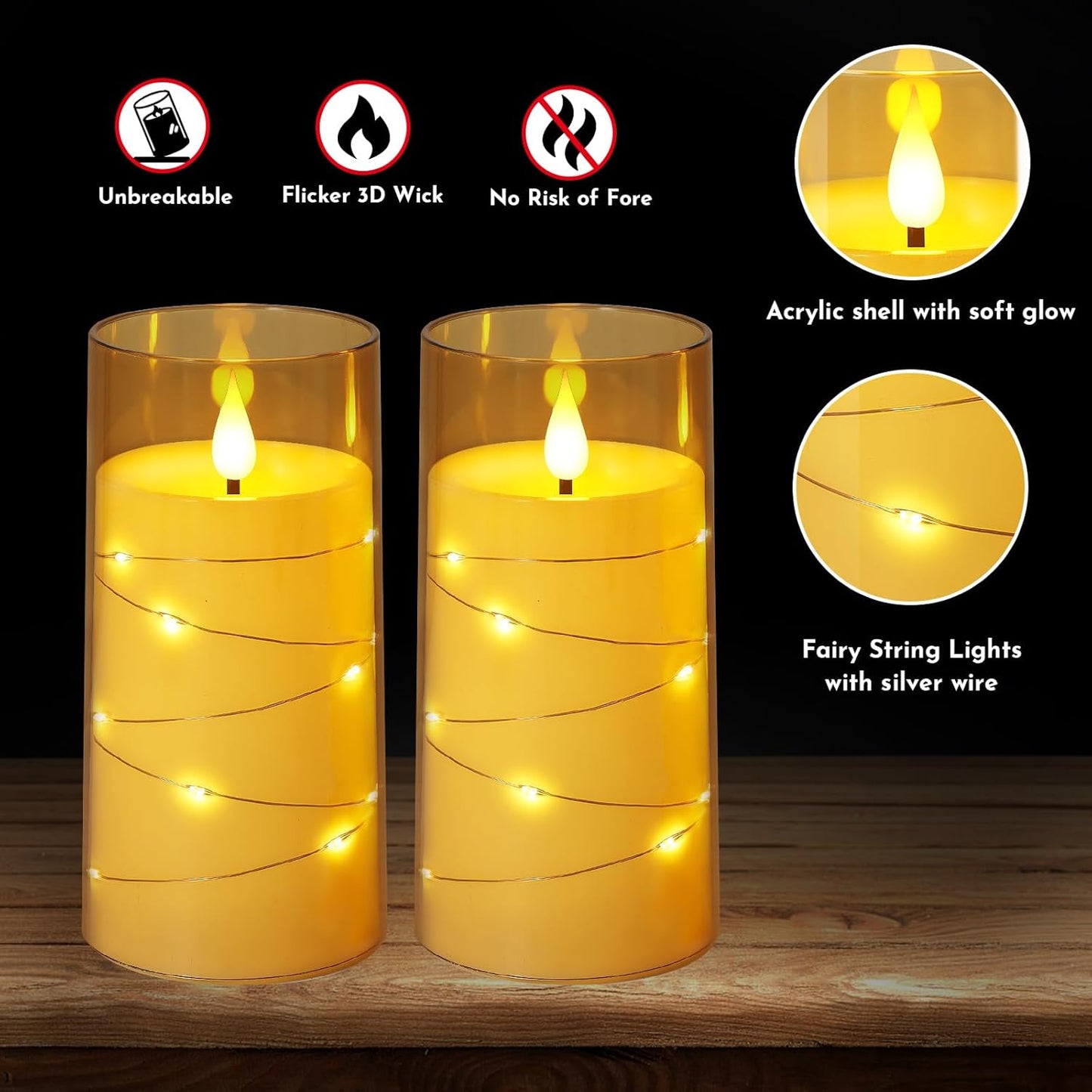 NURADA 3"x6"Flickering Flameless Candles: Built-in Star String Lights Acrylic Battery Operated LED Pillar Candles with Remote and Timer for Romantic Mood Home Decoration - 2 Pack Gold