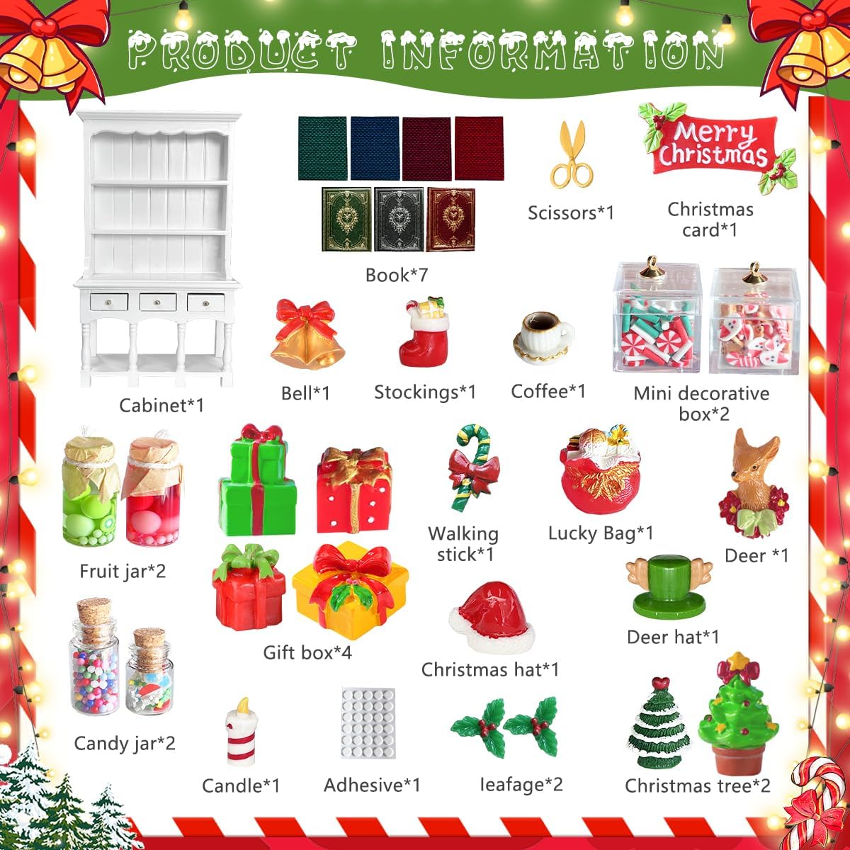 Dollhouse Miniatures Accessories 1/12 Scale, 34pcs White Wooden Bookshelf Furniture Kit - Mini Books&Gift Boxes, Candy Jars, Christmas Tree&hat, Dollhouse Christmas Decorations for Kids