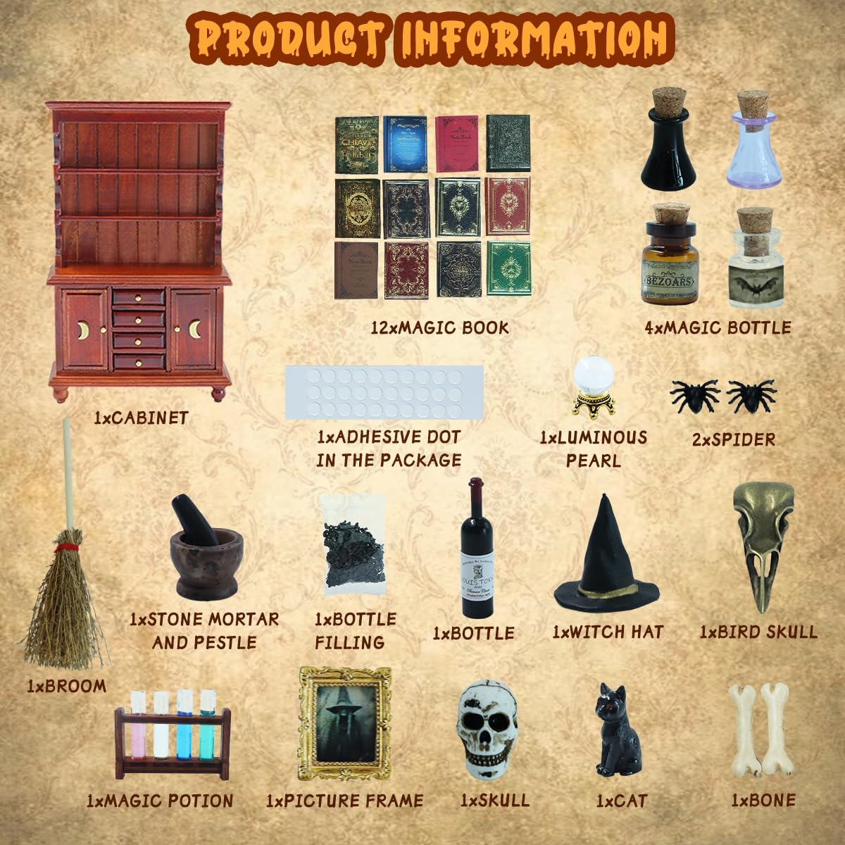 Dollhouse Miniatures 1/12 Scale Accessories, Wooden Bookshelf Furniture Set - Magic Bottle&Potion, Witch Frame and Hat, Mini Bookcase, Haunted Dollhouse Halloween Decorations for Kids Gifts