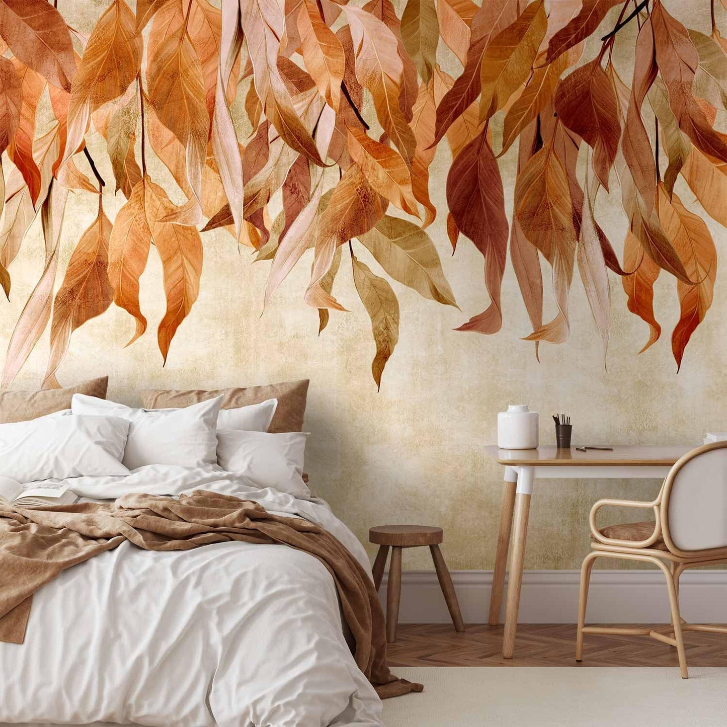 artgeist Wall Mural Hanging Leaves 157x110 in - Non-Woven Wallpaper Fleece Wall Decor Photo Print Picture Image Design Nature Botanical Concrete Orange Beige b-C-10146-a-c