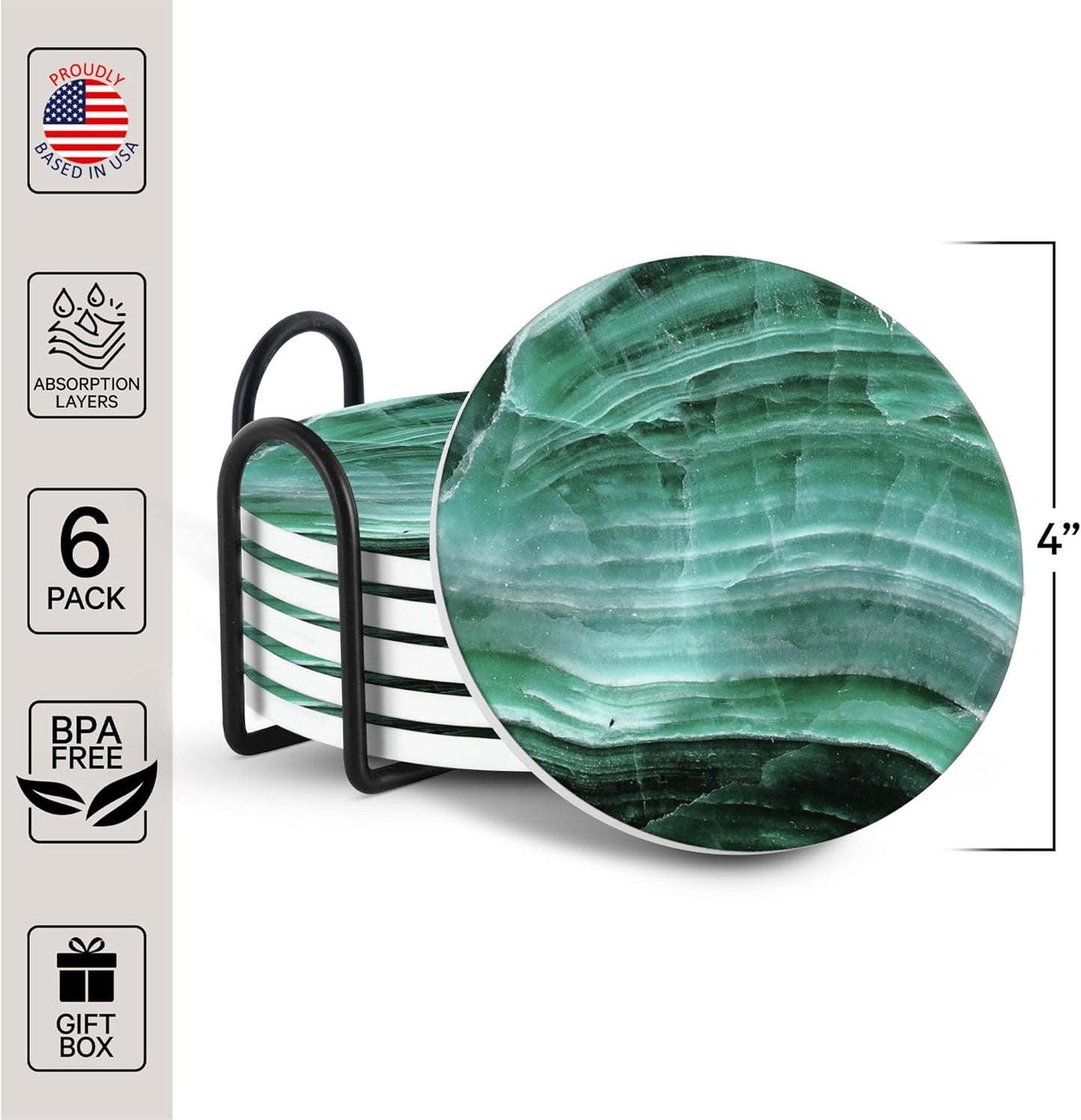 Emerson Coasters for Drinks Absorbent – Dining Table Set of 6 with Holder, 100% Ceramic Wooden Tabletop Protection Marble Style - Non-Slip & Cork Bottom - Heavy Duty (Nova)