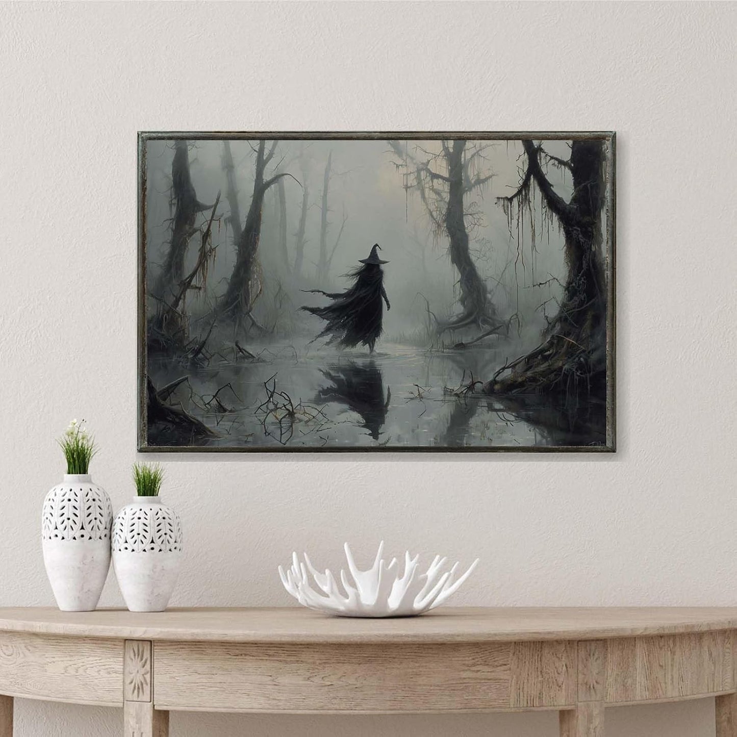 JFHCQJPK Vintage rustic swamp witch poster dark moody wall art gothic horror season halloween print for home decor retro dark moody painting12x16in Metal blackFramed