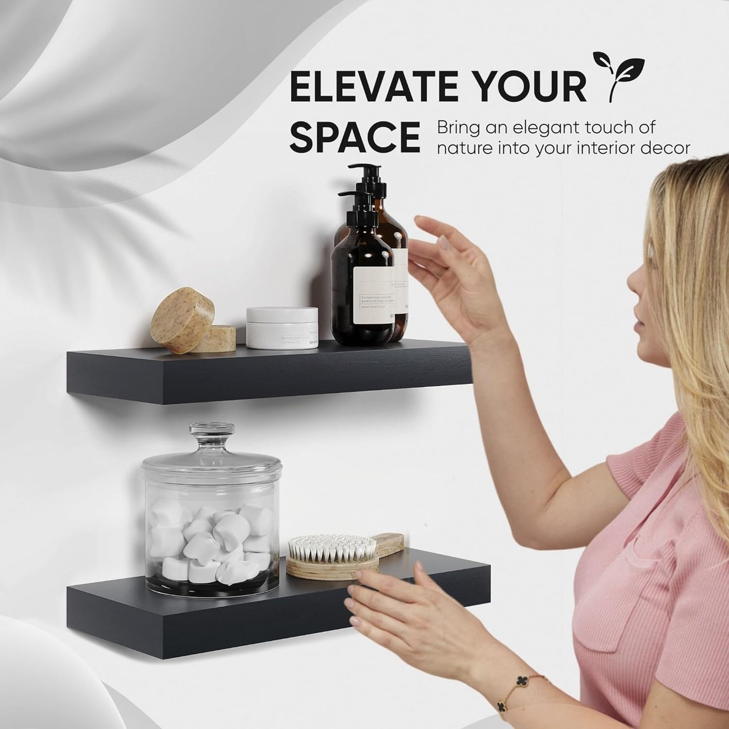 Homeforia Black Floating Shelf 18 inch, High End Solid Real Wood 18inch Bathroom Floating Shelves for Wall Mounted, Black Wooden 18in Floating Shelves, Heavy Duty Bracket, 18 X 6.5 X 1.75 in, Set of 2