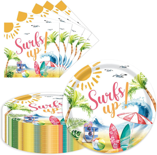 40 Pcs Summer hawaiian Party Dessert Plates and Napkins Sets pool party plates surf up 9" Paper Plates and 6.5" Napkins Party Supplies Tableware Decoration For Birthday Picnic