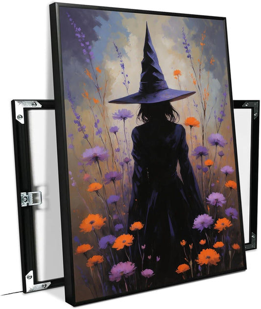JFHCQJPK Country wildflower witch canvas print halloween mashup art witch purple decoration bohemian elegant art poster20x30in Metal blackFramed