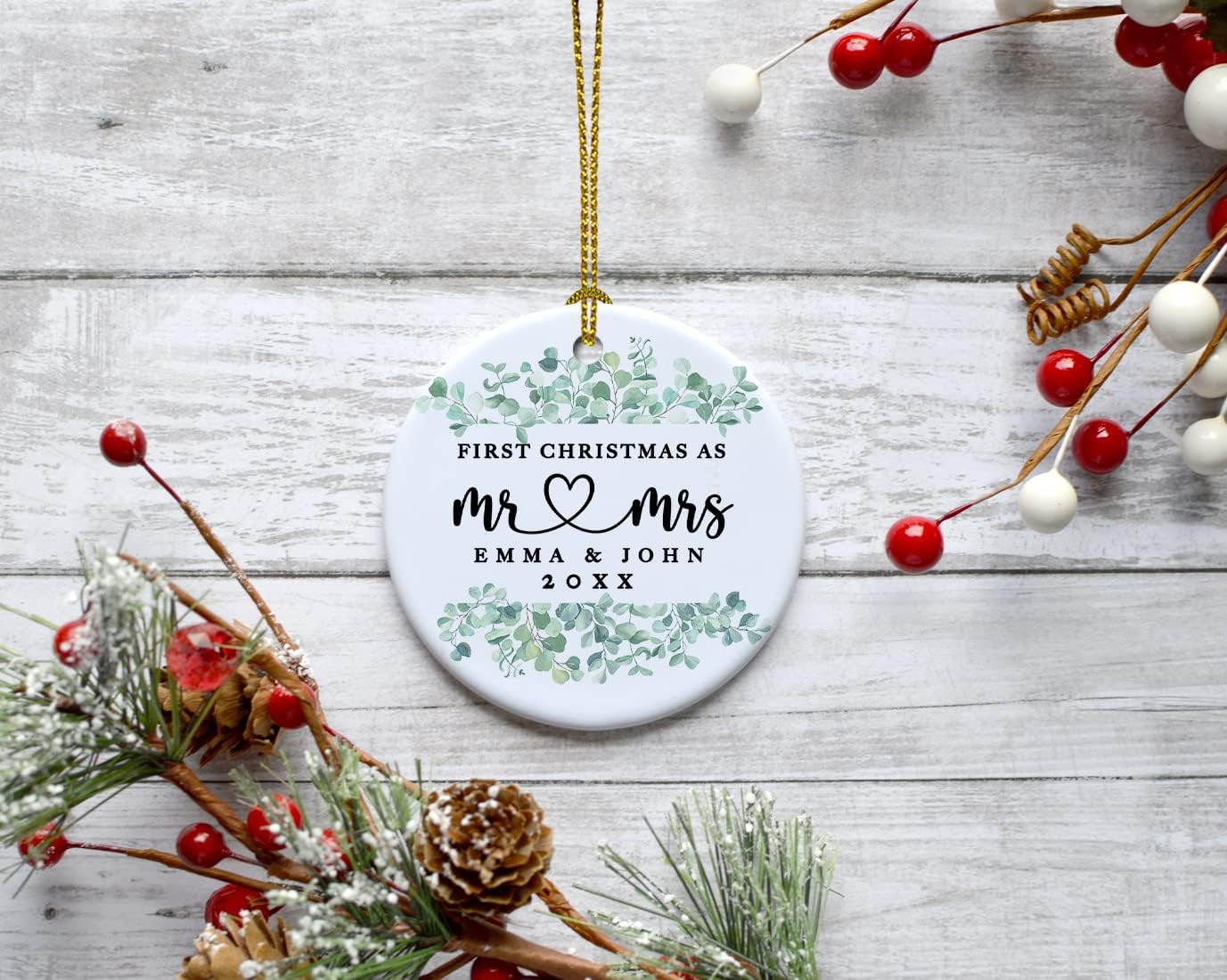 Andaz Press Personalized Our First Christmas As Mr. & Mrs. 2024 Christmas Ornaments Greenery Eucalyptus 2.8" Round Porcelain Ceramic 1st Year Married Custom Ornament Keepsake for Newlyweds 1-Pack