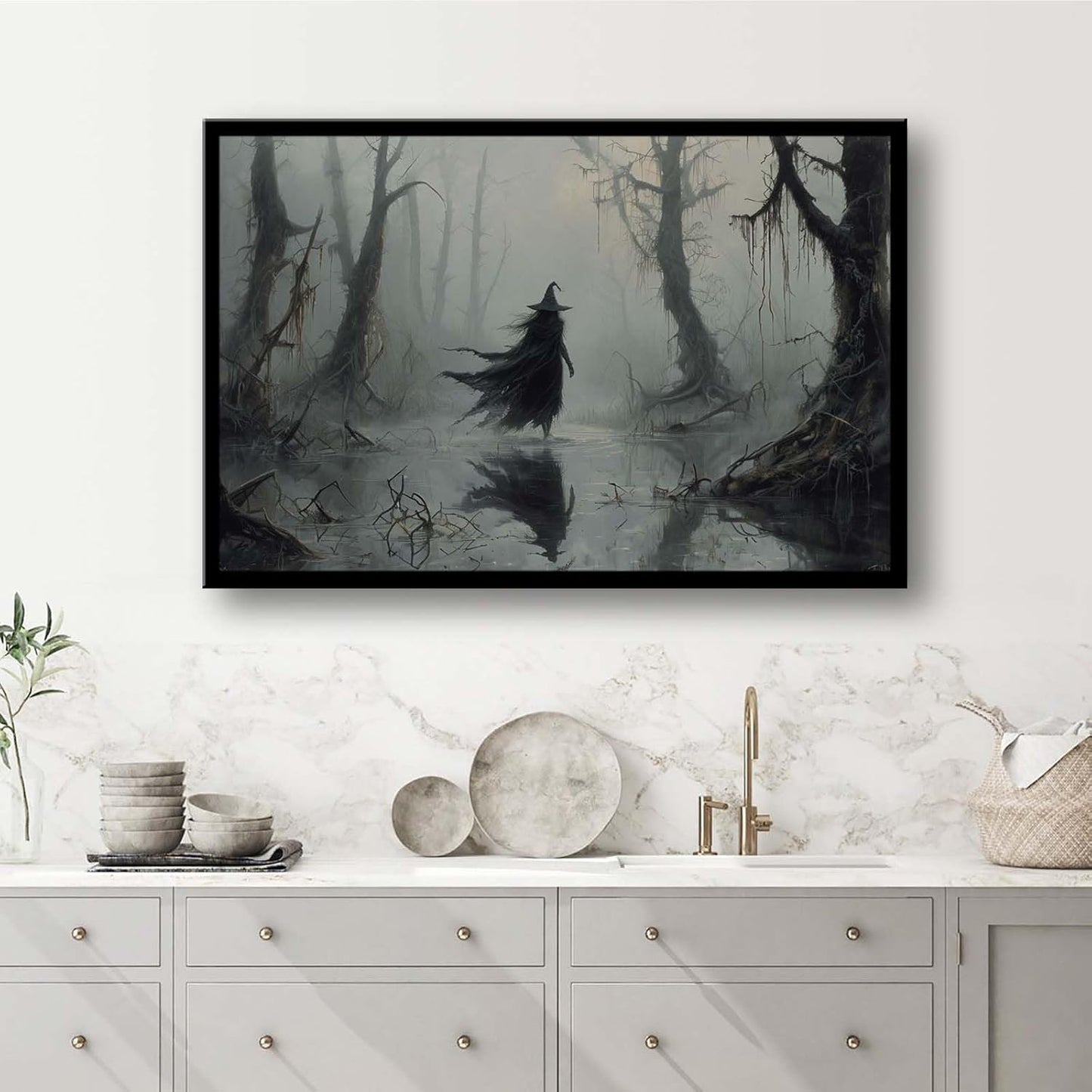 JFHCQJPK Vintage rustic swamp witch poster dark moody wall art gothic horror season halloween print for home decor retro dark moody painting16x24in Metal blackFramed