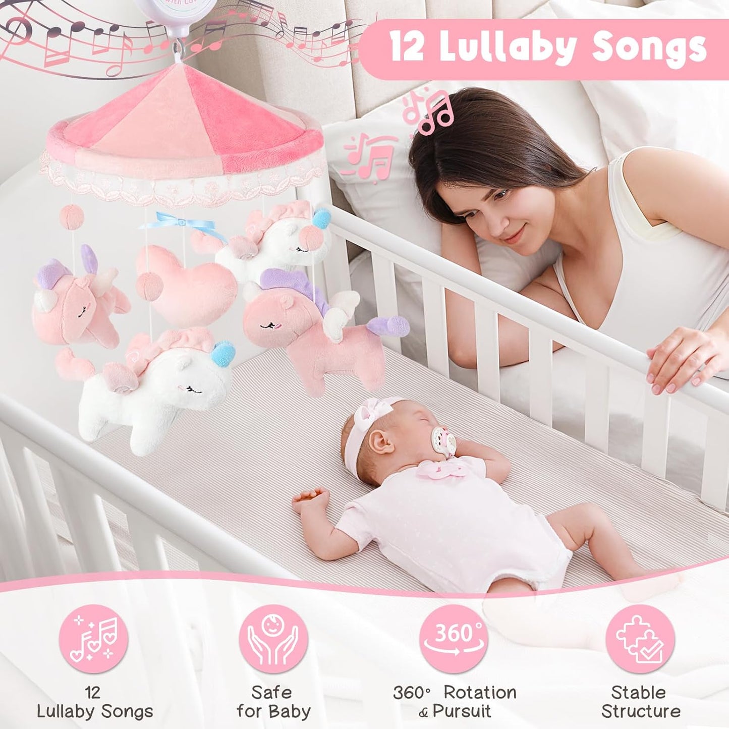 Unicorn Musical Crib Mobile for Girls - Baby Mobile for Crib with 12 Lullabies, Soft Pink Baby Crib Mobile, Nursery Mobiles, Fits Standard Cribs