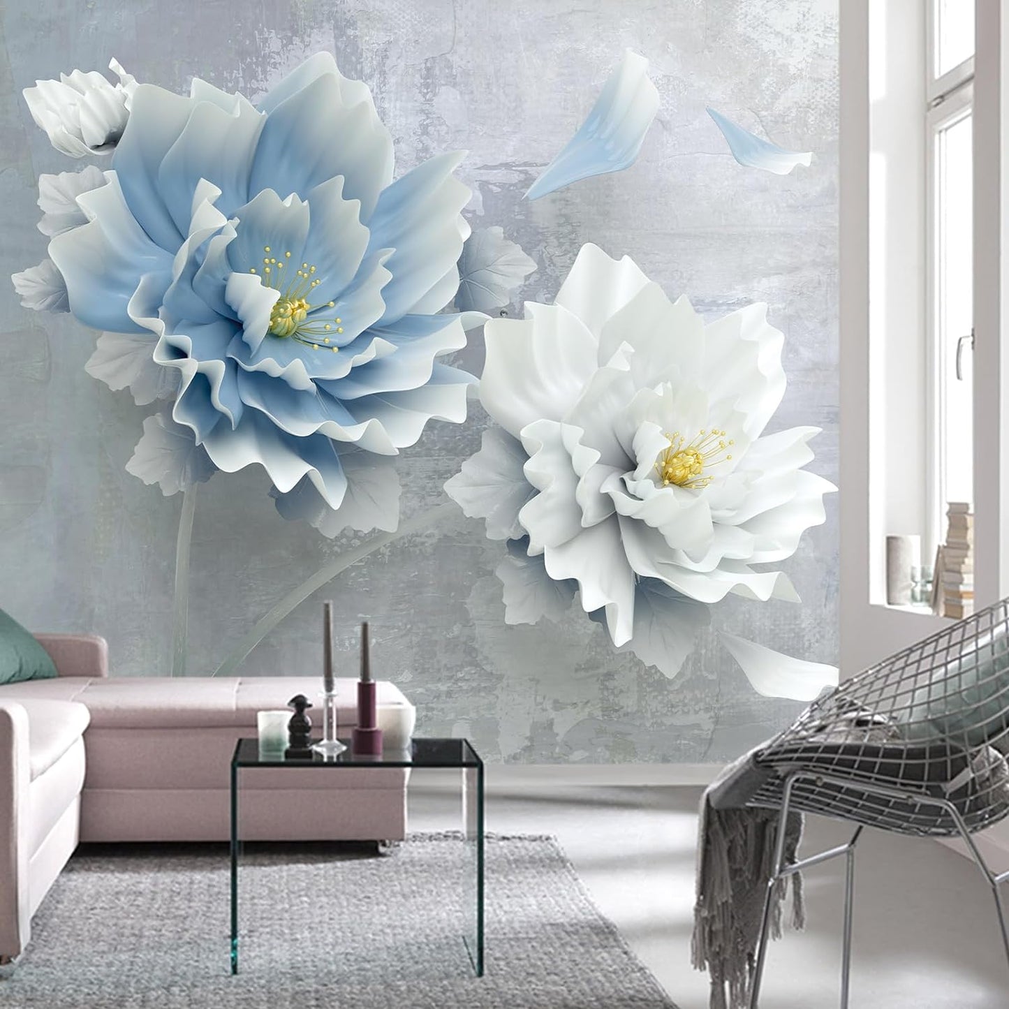 WFBHUA-Blue Floral Wallpaper Mural Modern Peony Flower Wallpaper Large 3D Art Living Room Bedroom Bathroom Wall Mural Decor (Not Peel and Stick)