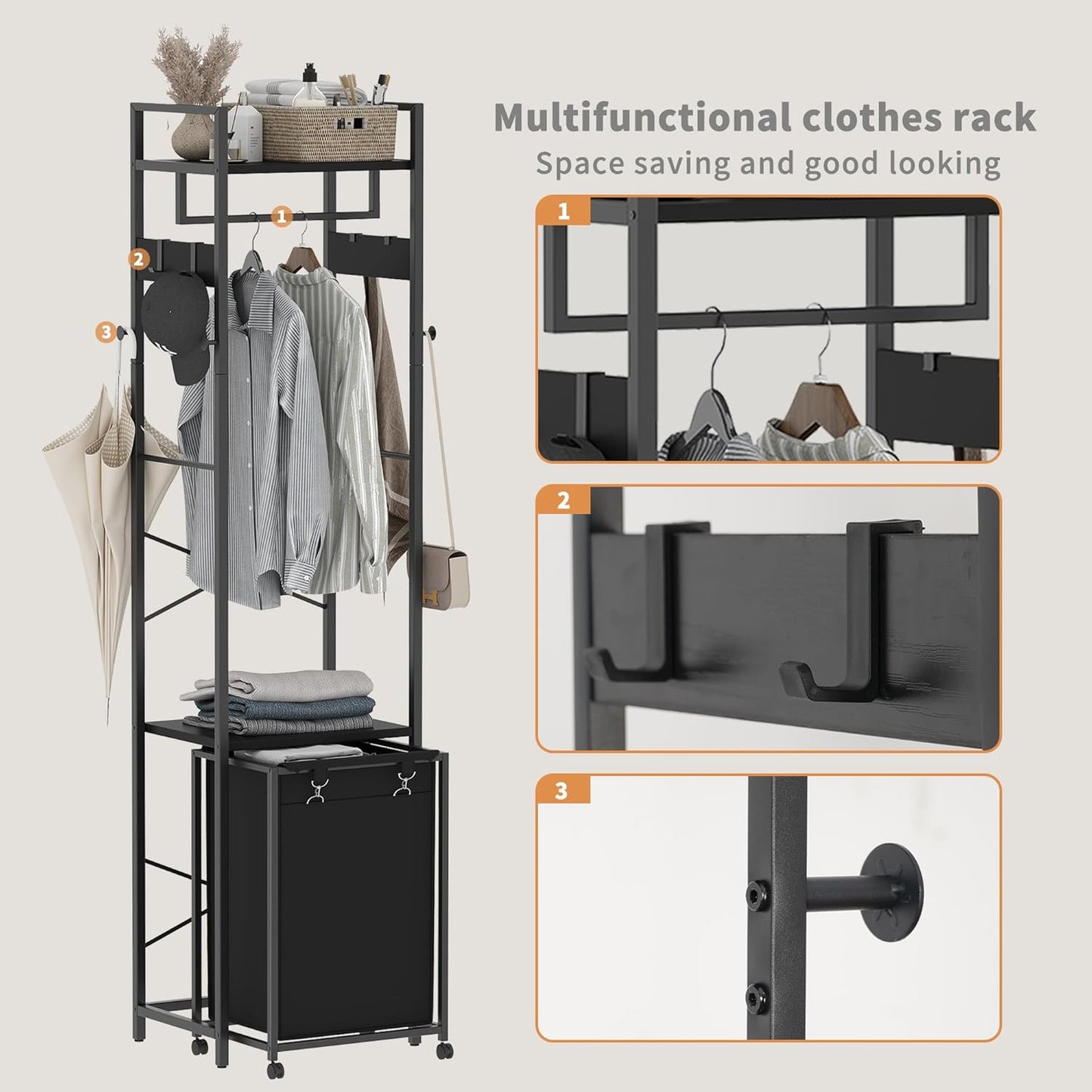 Coat Rack with Laundry Basket, Laundry Hamper Freestanding Hall Tree, Clothes Rack with Storage Shelves, 14.5 Gal Removable Bags on Wheels, Black JLH005B