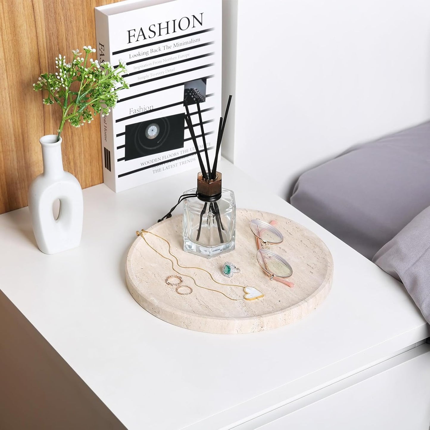 BCS Natural Travertine Tray, 9.8" Round Decorative Marble Vanity Tray for Bathroom Countertop, Kitchen Counter, Coffee Table, or Catchall, Stone Organizer for Jewelry, Perfume, Candles, Home Decor