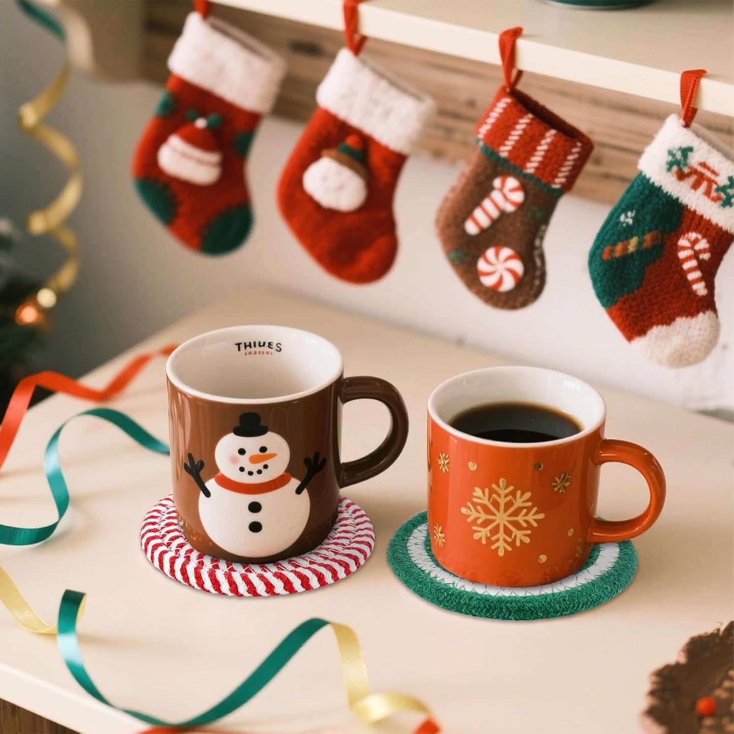 Whaline Christmas Cotton Coasters Red Green Peppermint Candy Handmade Braided Drink Coasters Absorbent Cup Mats for Xmas Holiday Party Home Table Decor, Set of 4