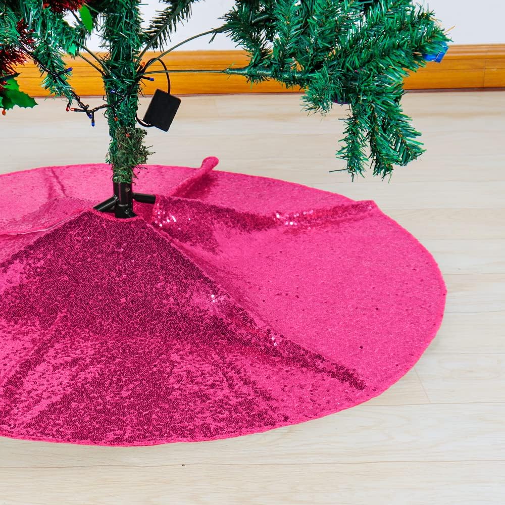 Partisout 24Inch Sequin Tree Skirt Hot Pink Christmas Tree Skirt 24in Tree Skirts for Slim Trees Xmas Tree Skirt Hawaii Tree Skirt Rustic Tree Skirt Cartoon Tree Skirt Elegant Halloween 24 inch
