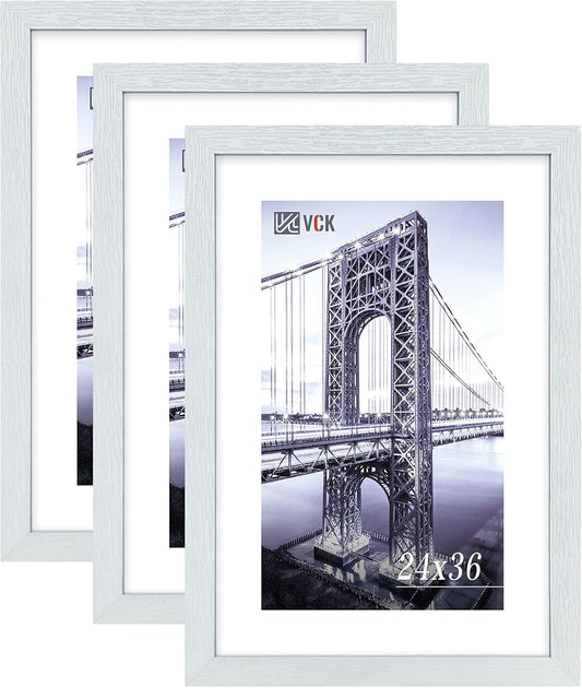 VCK 24x36 Inch Solid Wood Poster Frames with Wall Mounting Hanging Picture Frame White 3 Pack