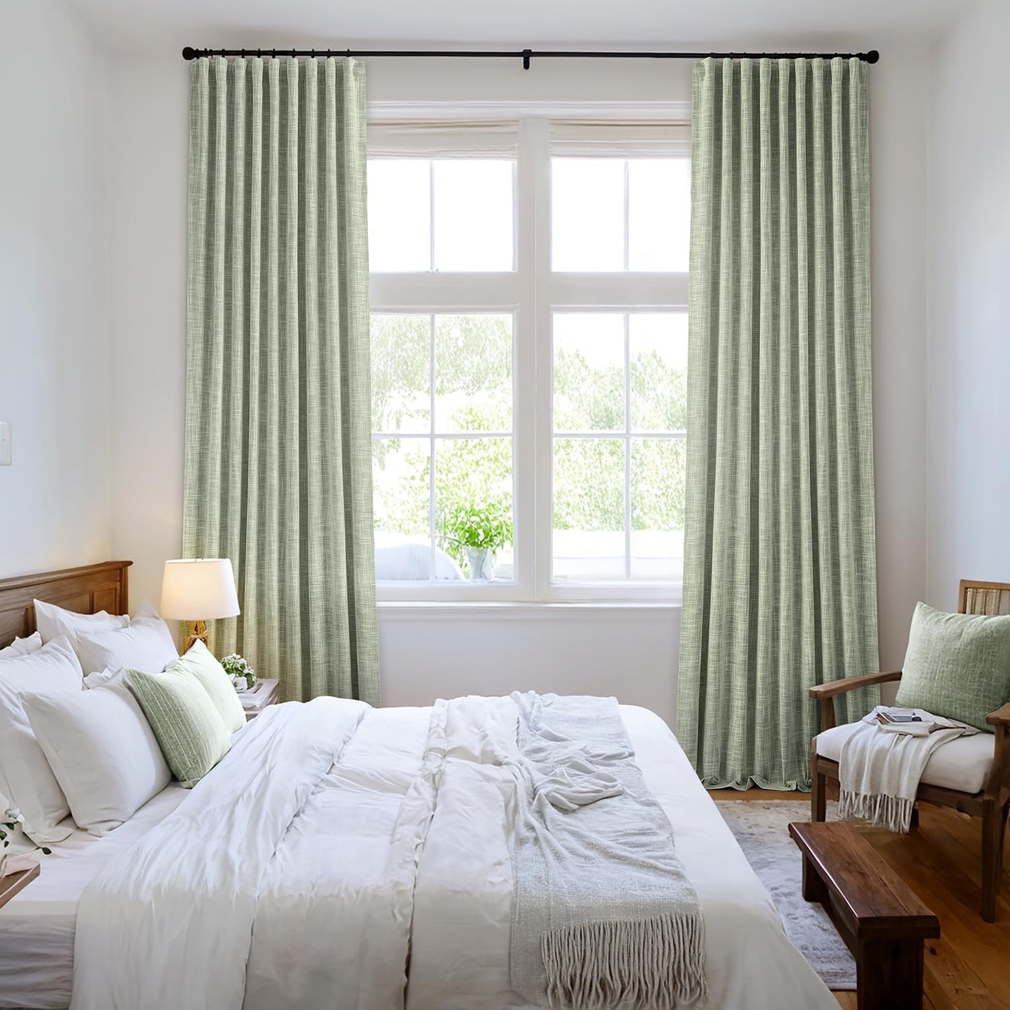 MIULEE Sage Green 100% Blackout Linen Curtains 84 Inch 2 Panels Set Double Sided No Coating Pleated Back Tab Black Out Long Thermal Insulated Pinch Pleat Bedroom Living Room Darkening Window Drapes