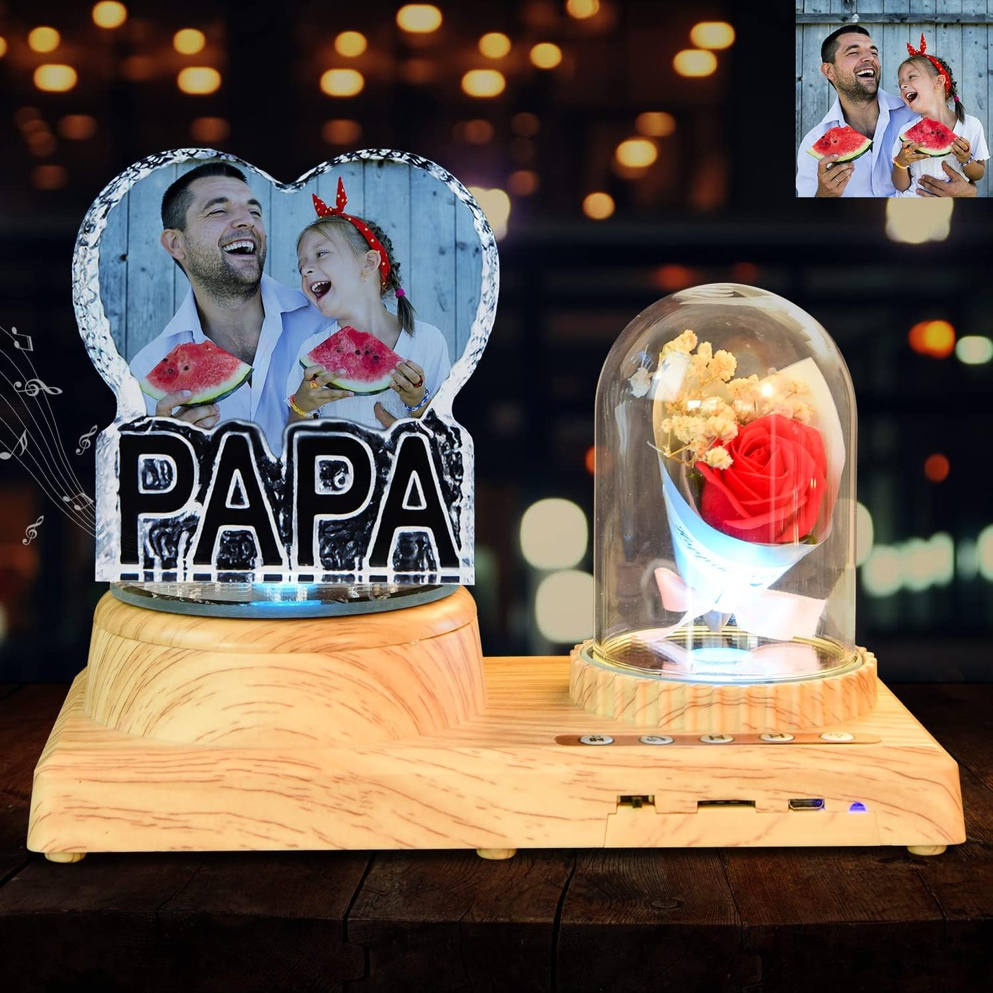 PAPA 3D Crystal Photo - Crystal Picture Hand Cut, Includes Rose Bluetooth Music Box LED Base - Memorable Gift and Keepsake, Daddy Day Gifts for Dad, Husband, Son