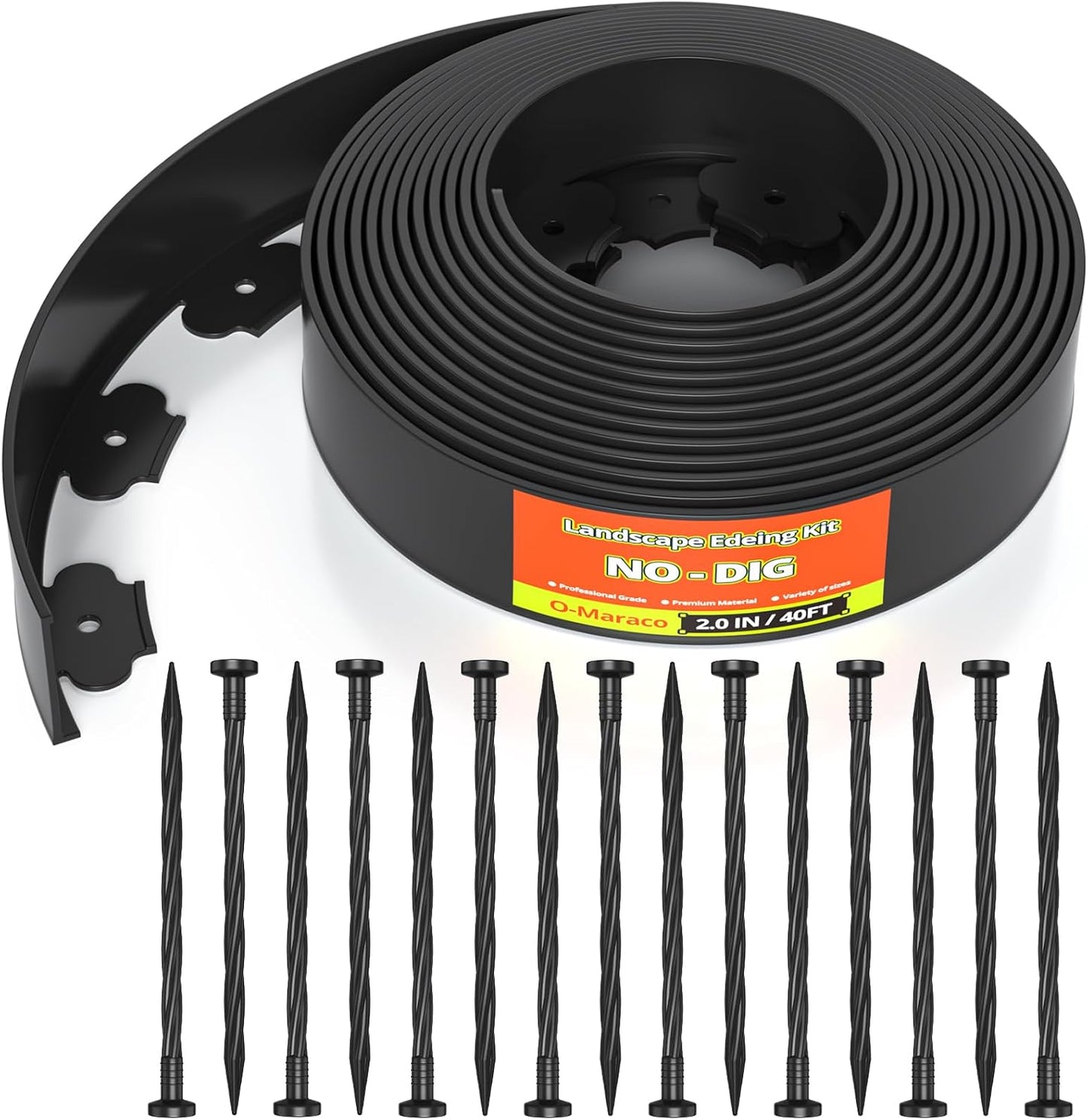 40FT No-Dig Landscape Edging, 2 Inch Tall Heavy Duty Plastic Garden Edging Border with 40 Anchoring Spikes for Lawn, Flower Bed & Decorative Yard (Black)