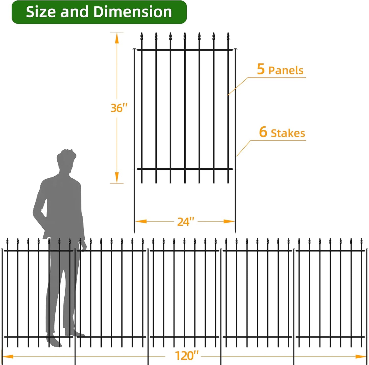 Metal Garden Fence 36 in H x 10 ft L,Border Fence Panels Animal Barrier for Dogs, No Dig Garden Fencing for Yard Patio Flower Bed Lawn Outdoor,5 Panels + 6 Stakes Black