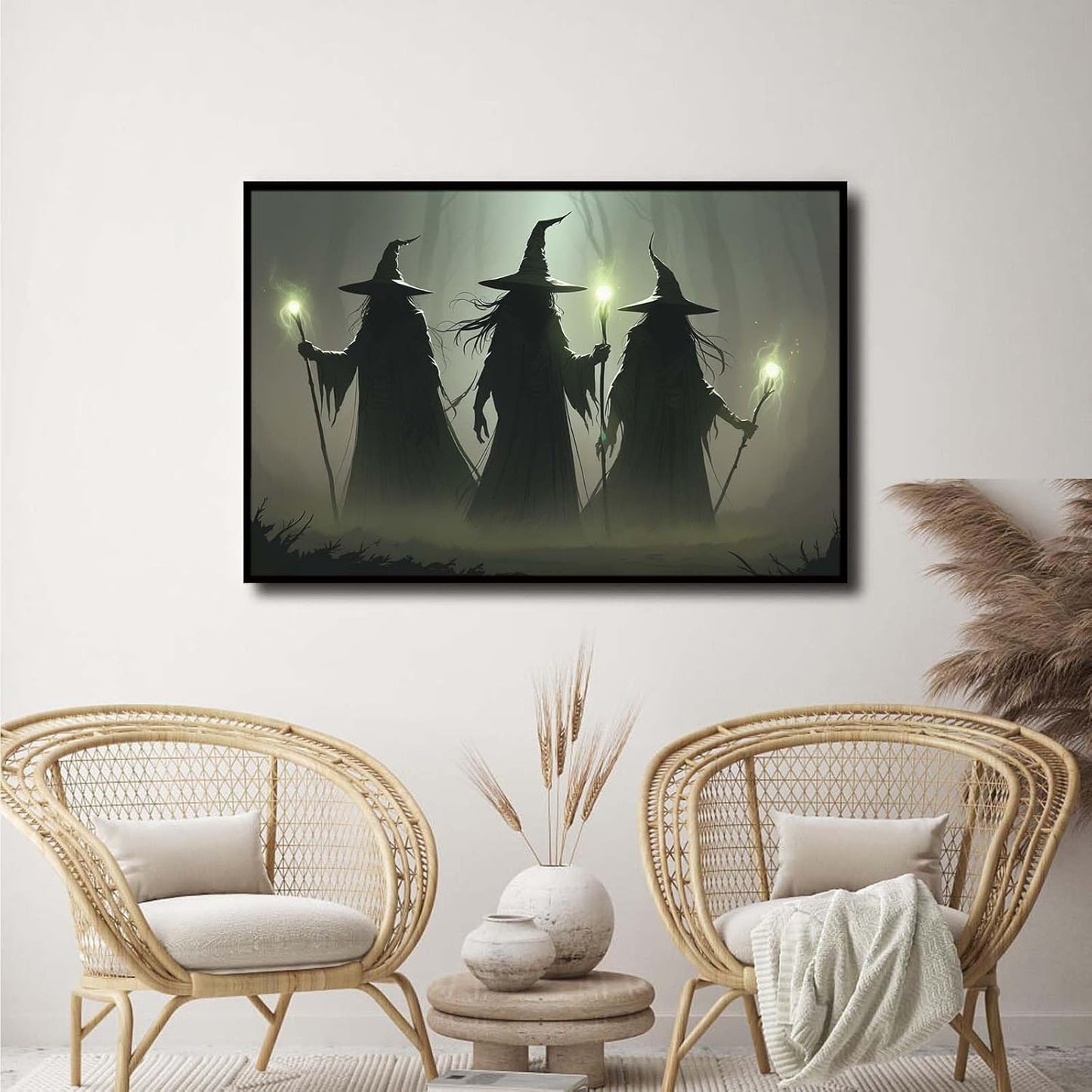 JFHCQJPK Vintage 3 witches canvas wall decor melancholy dark Halloween poster wall decor holding a staff print Gothic horror Halloween painting print for living room bedroom8x12in Metal blackFramed