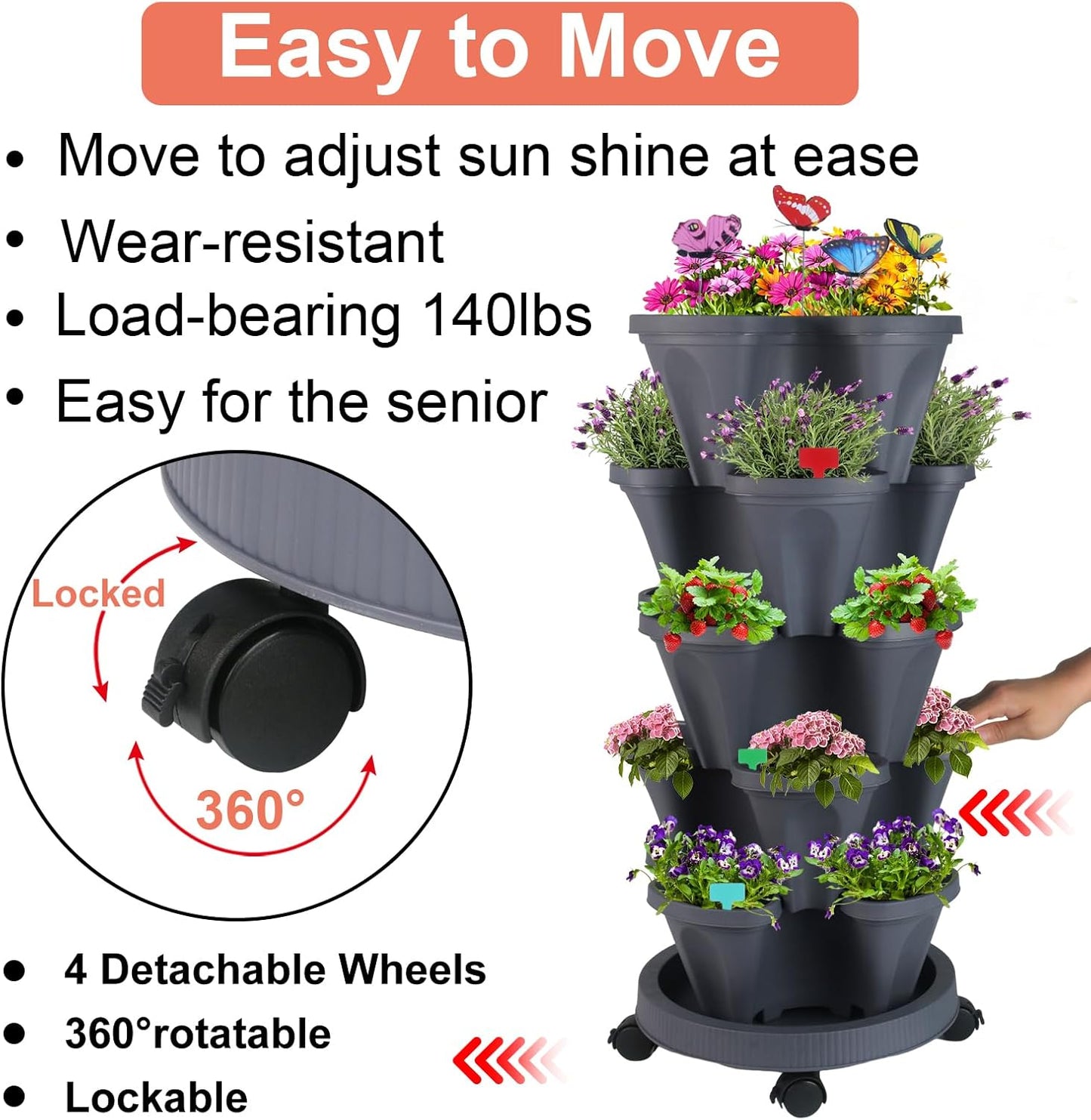 Vertical Planter, 5 Tier Stackable Strawberry Planter with Garden Tool Set, Movable Indoor/Outdoor Garden Herb Pot for Growing Vegetables and Succulents, Dark Gray