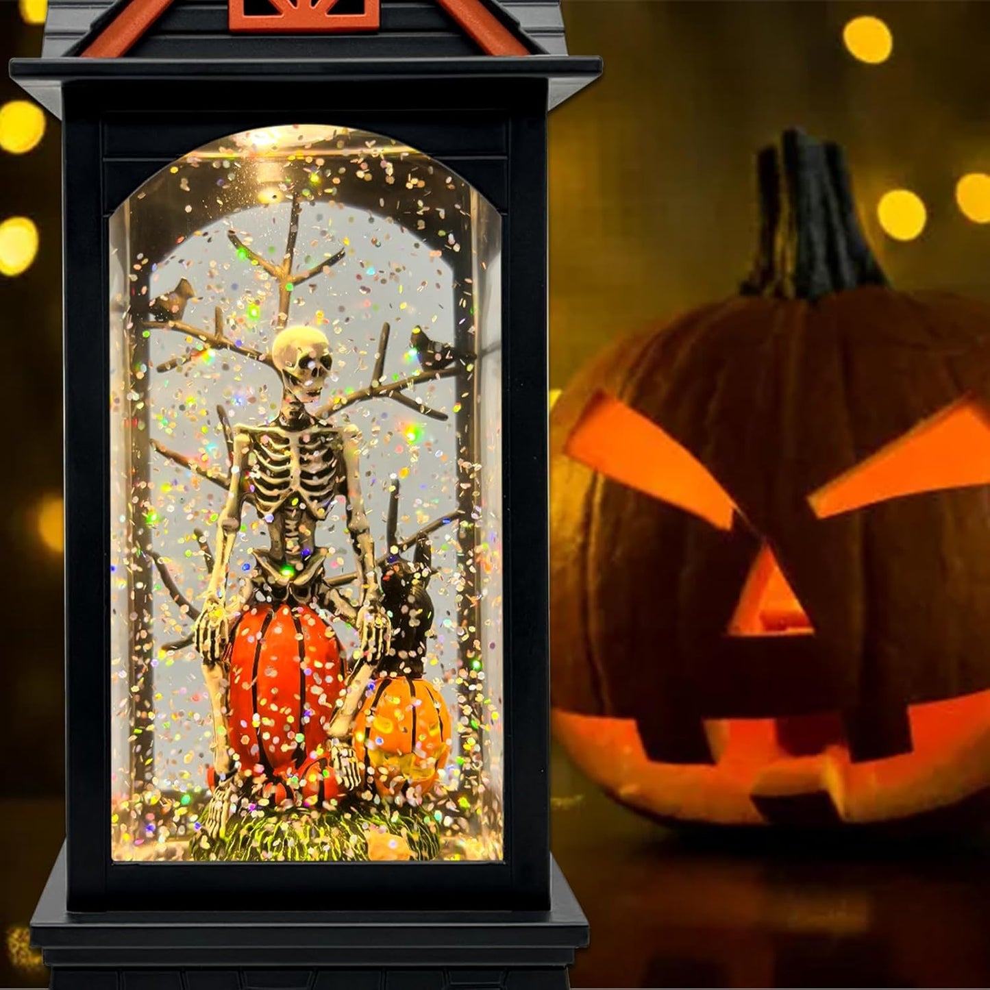 Halloween Snow Globe Lantern with 6 Hour Timer,Halloween Decorations Indoor for Home,Halloween Decor,USB or Battery Powered for Halloween Lanterns,Halloween Skeleton-B
