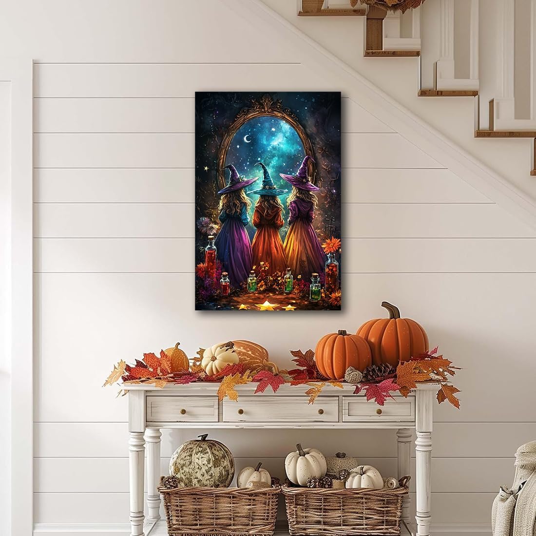 Witch Poster Halloween Fall Wall Art Decor,Three Witches with Magic Potion Mirror Colorful Vintage Print,Dark Academia Spooky Canvas Art Prints for Home Living Room,16"x24" Framed