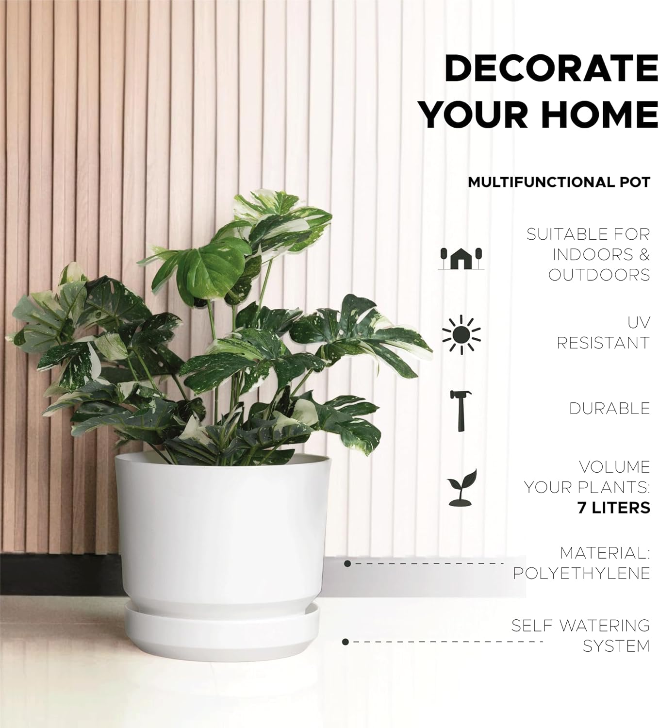 Elly Décor 8 inch Plastic Cylinder Planter Pot with Self-Watering Saucer and Drainage Hole,Lightweight & Extremely Durable, 8"x 8", White