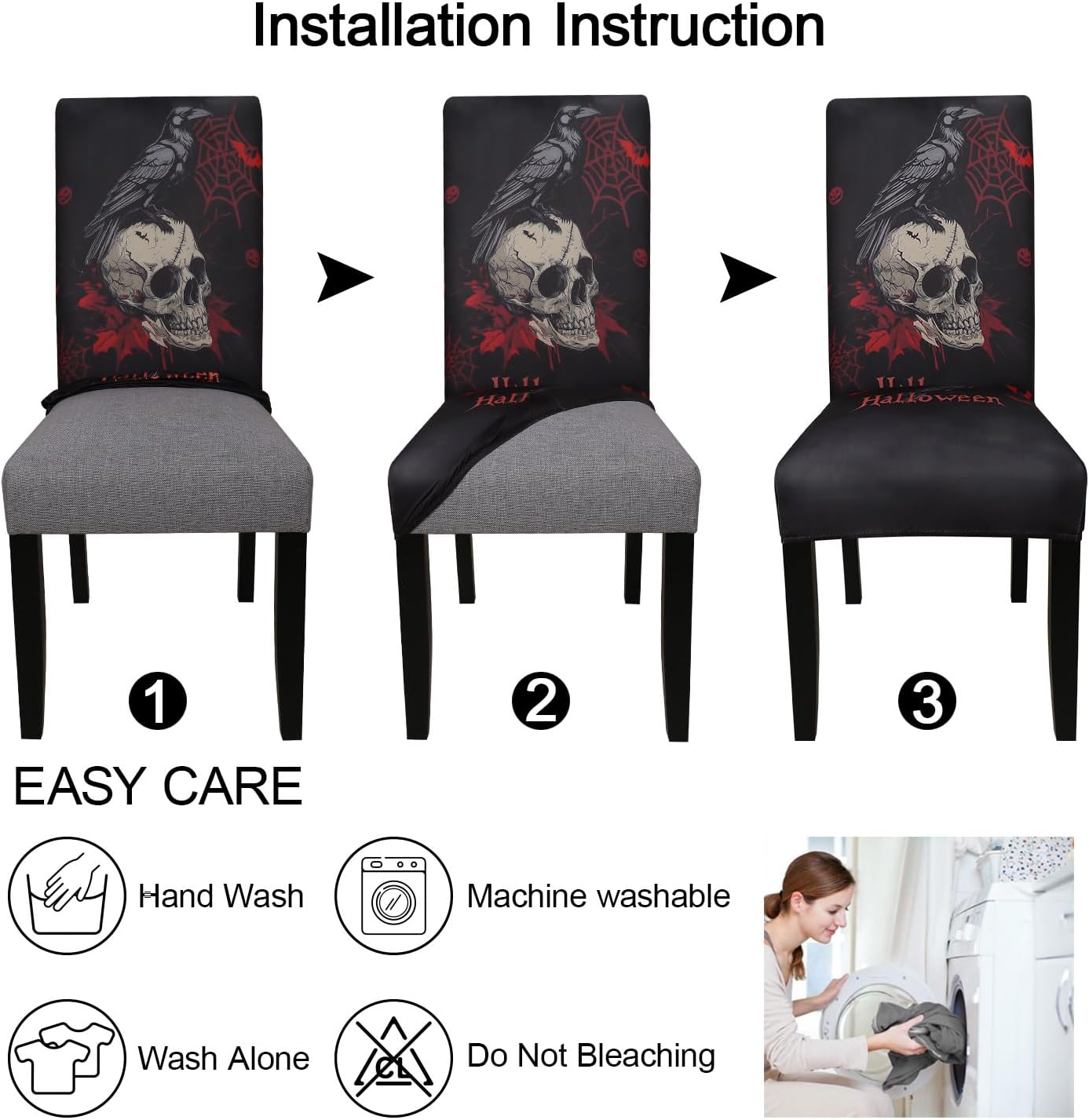 JQinHome Black Halloween Chair Slipcover,Skull Chair Covers Set of 6, High Stretch Washable Chair Protector Cover for Dining Room, Kitchen,Home Party,Wedding Ceremony(Skull Black,6PC)