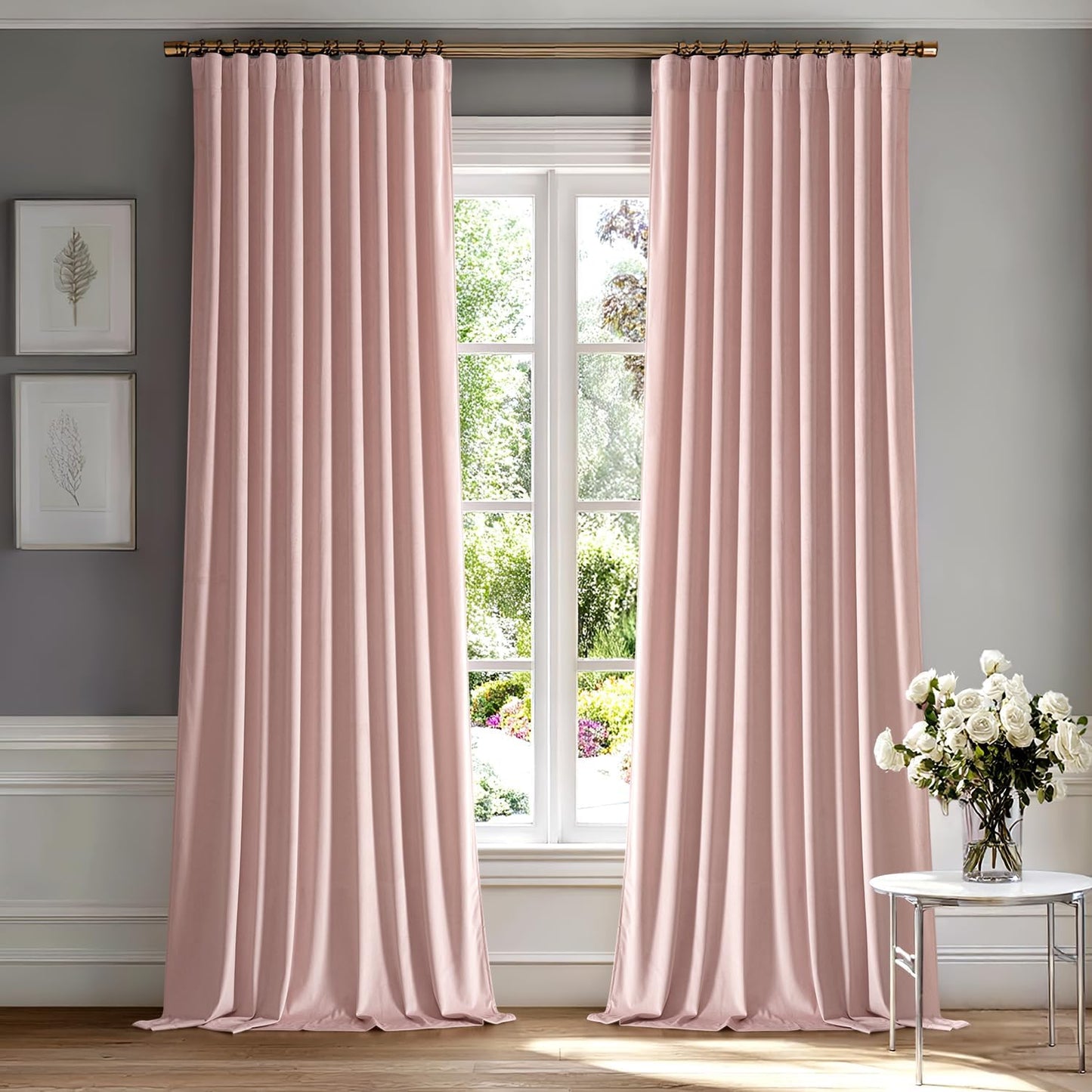 MIULEE Baby Pink Velvet Curtains 90 inches 2 Panels - Luxury Room Darkening Window Drapes for Bedroom Living Room Thermal Insulated Super Soft Blackout, Back Tab Rod Pocket Pinch Pleated, W52 x L90
