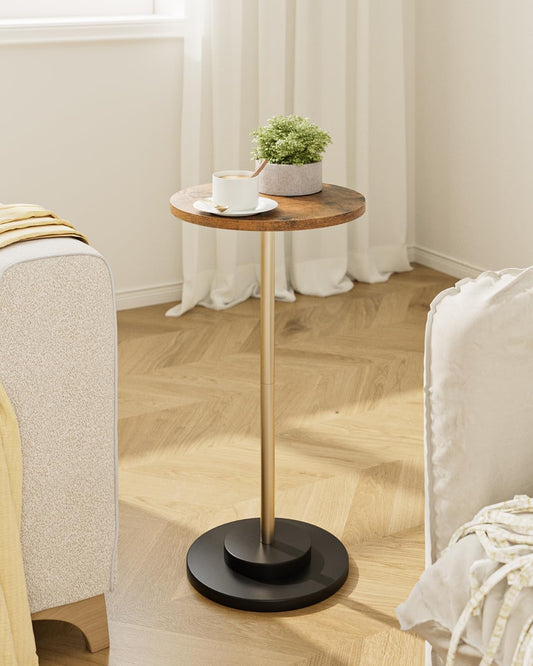 Masupu Drink Table, Round Side Table for Small Spaces, Pedestal Small End Table with Metal Base, for Living Room, Bedroom, Bathroom, Rustic Brown