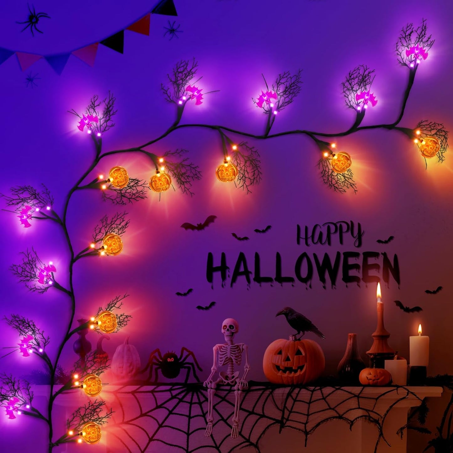 [8 Modes & Timer] 6Ft 45 LED Halloween Willow Vine Twig Garland with Orange Lights - Battery Operated, Waterproof Halloween Decor for Indoor Wall, Fireplace Mantle, Home Party (Pumpkins & Bats, 6FT)