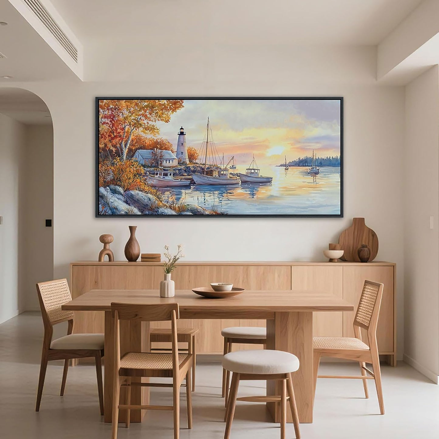 QZQCBLC Harbor Landscape Wall Art, Large Sunset Over the Sea Boat Gallery Pictures Artwork Modern Lighthouse Ocean View Paintings Framed for Living room Bedroom kitchen Home Office Decor 29x58 IN