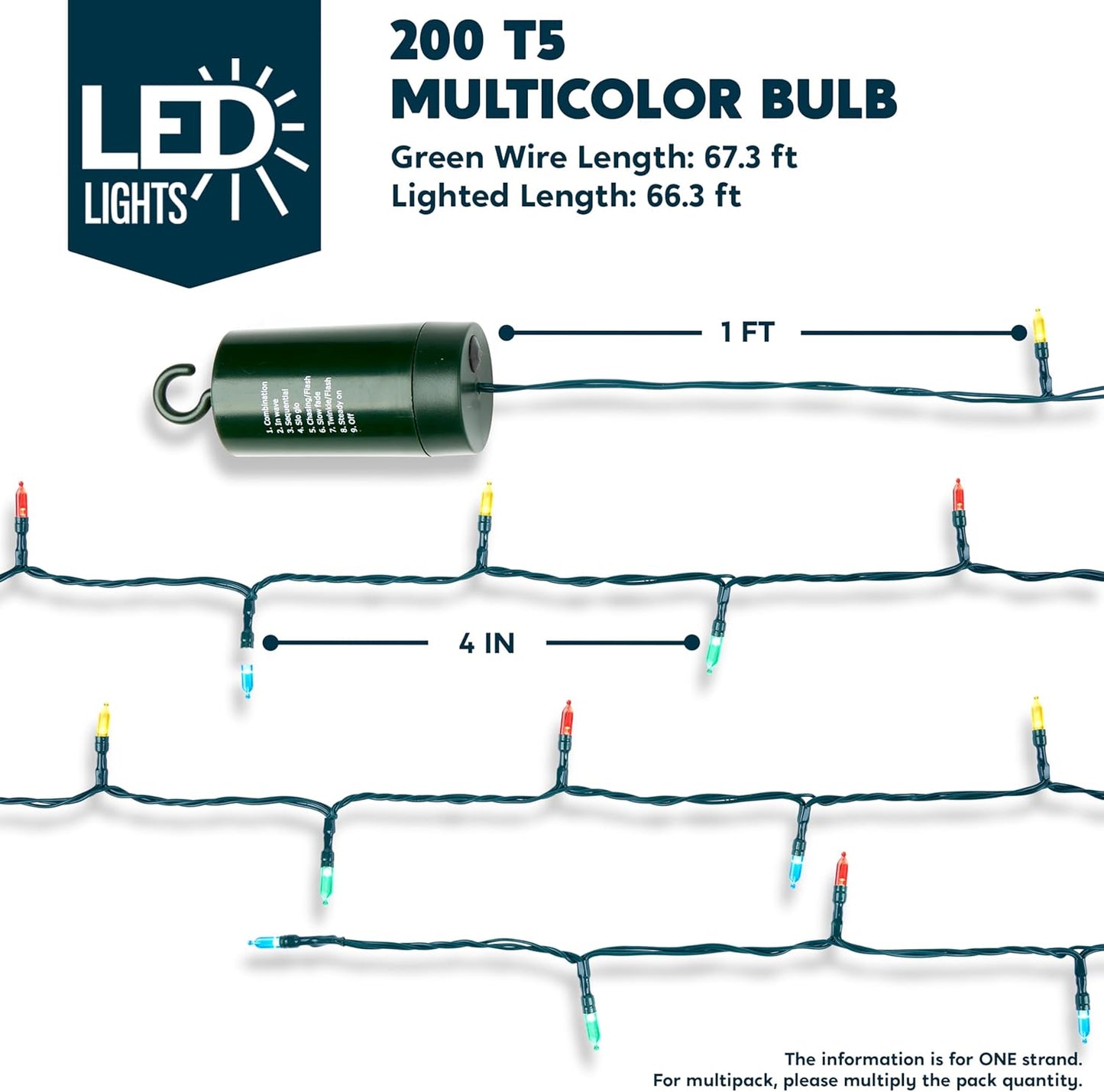 Joiedomi LED Christmas String Lights,200 Count 66.3FT Battery Operated Christmas Tree Fairy Lights with 8 Modes,Multifunction Green Wire for Xmas Decor Party Holiday House,Multicolor