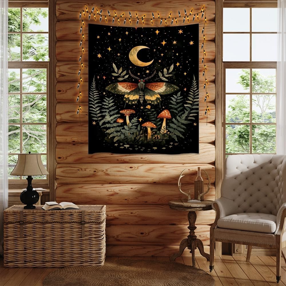 Mystical Moth Mushroom Tapestry Dark Academia Aesthetic Wall Hanging Decor Moon Star Witchy Print Butterfly Enchanted Forest Tapestries for Home Bedroom Living Room Office Decor 60x80inch