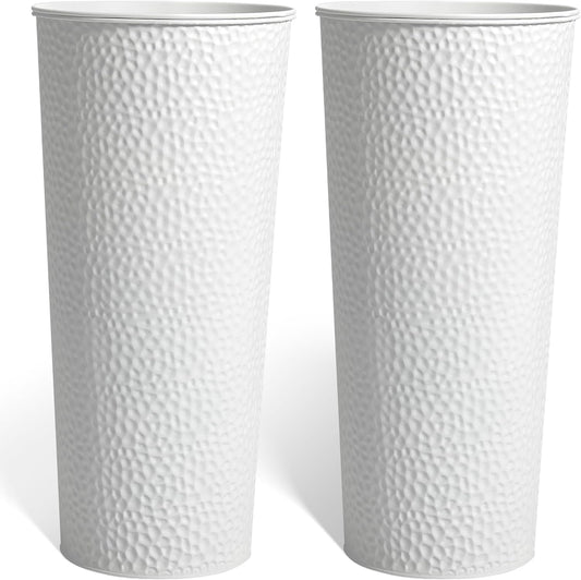 KOL 25" H. Metal Hand-Hammered Planters with Inner Pots 2-Pack, White Decor Planter for Deck, Patio, Porch - Galvanized Steel Handcrafted Flower Pot - w/Water Level Indicator - Indoor Outdoor Use
