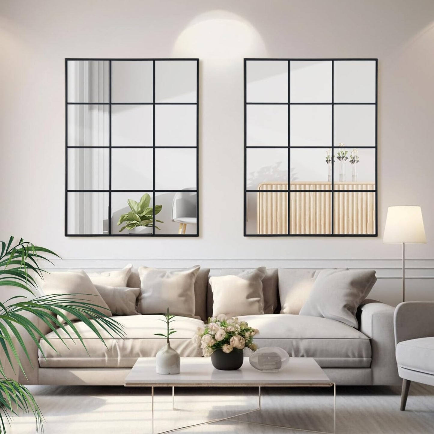 Windowpane Wall Mirror 24"x36" Black Wall Mounted Art Pane Mirror Farmhouse Decorative Mirror Leaning Hanging Wall Mirror for Bedroom Living Room Entrance Hallway Wall Decor