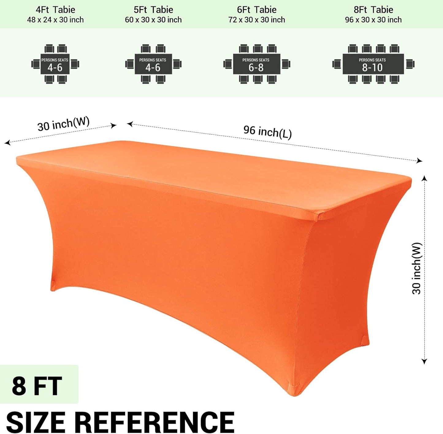 Obstal 8Ft Stretch Spandex Table Cover for Standard Folding Tables - 2 Pack Universal Rectangular Fitted Tablecloth for Party, Banquet, Events, Trade Show (Orange, 96L x 30W x 30H Inches)