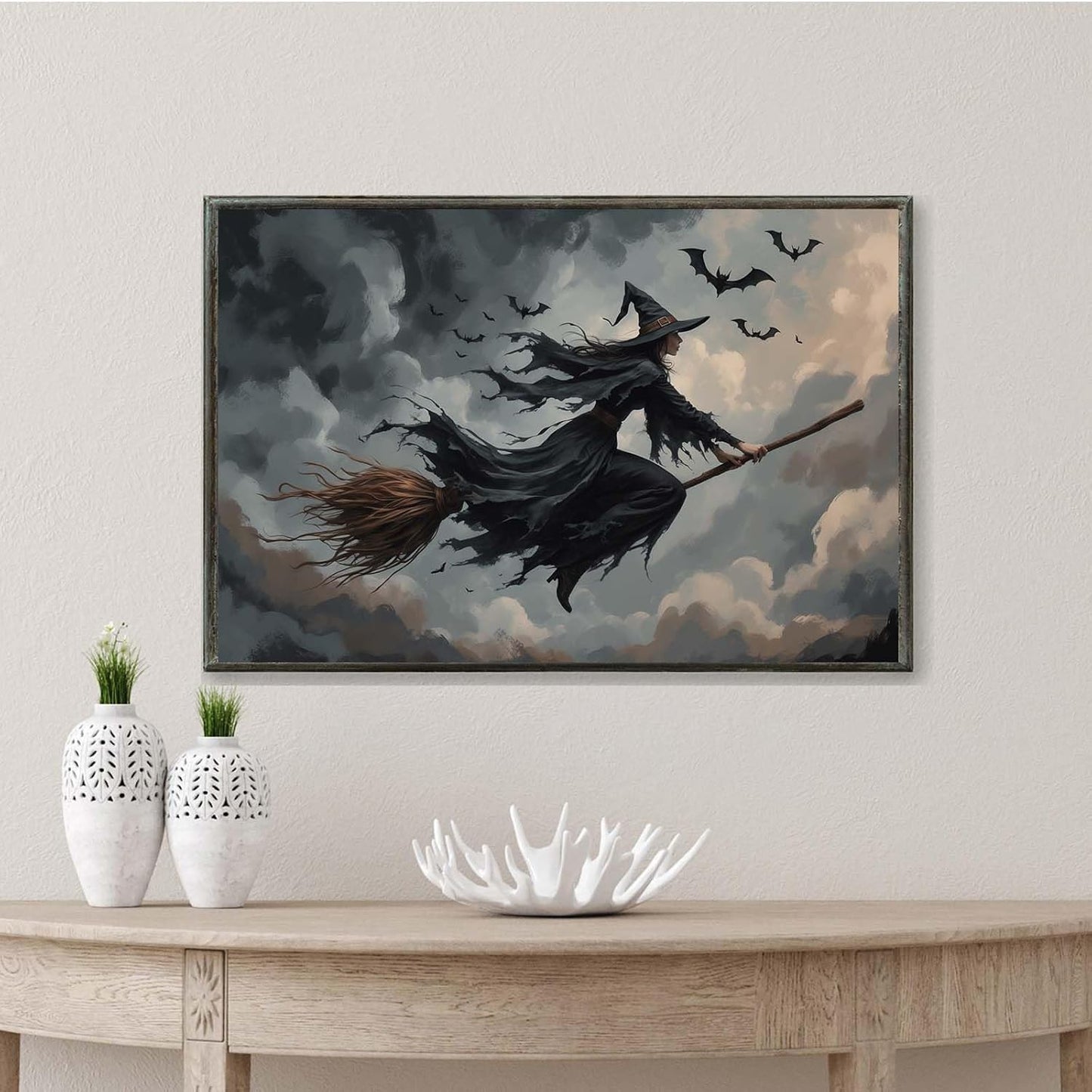 JFHCQJPK Witch and bat flying Halloween poster suitable for home party wall decoration retro Halloween preppy style wall art canvas print suitable for room decoration16x24in Metal blackFramed