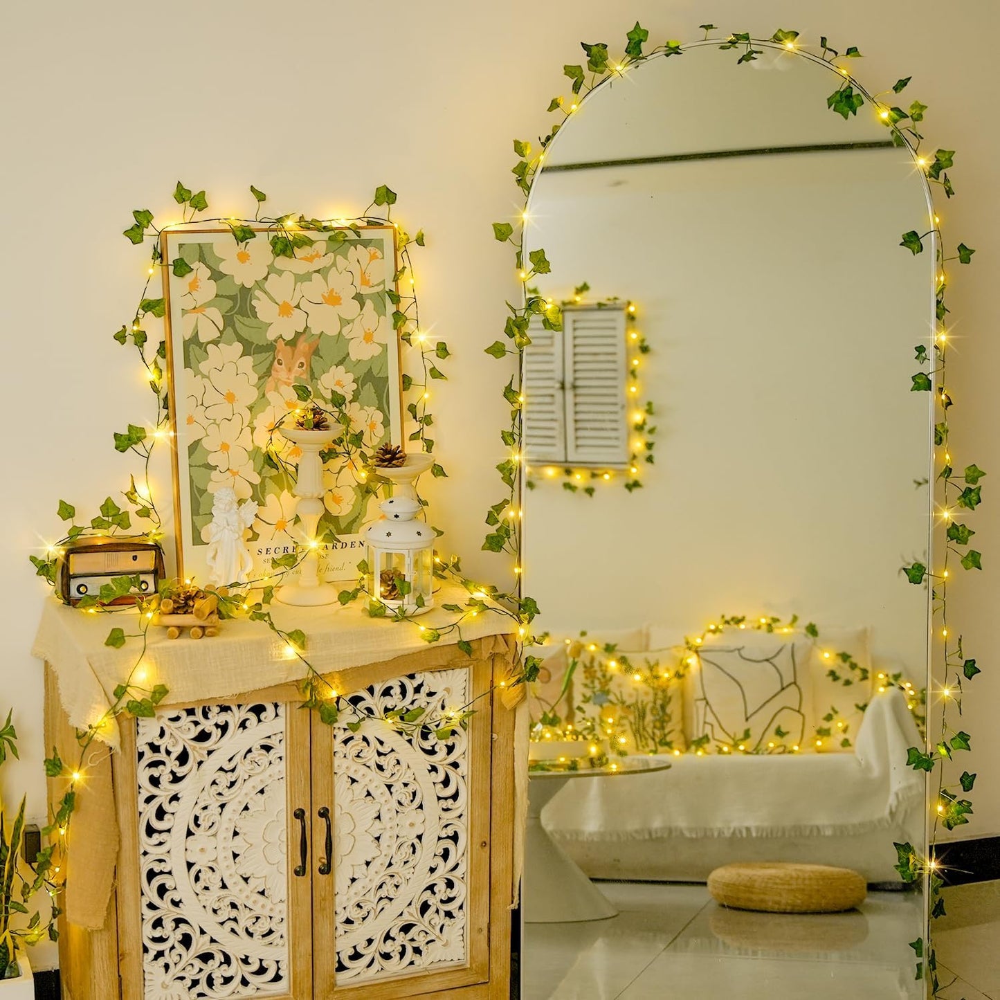 JMEXSUSS 33Ft Vines with Lights Battery Operated, 100 LED Ivy Vines with Fairy Lights Leaf with Remote for Bedroom Wall Classroom Dorm Wedding Birthday Party Decor(Warm White)