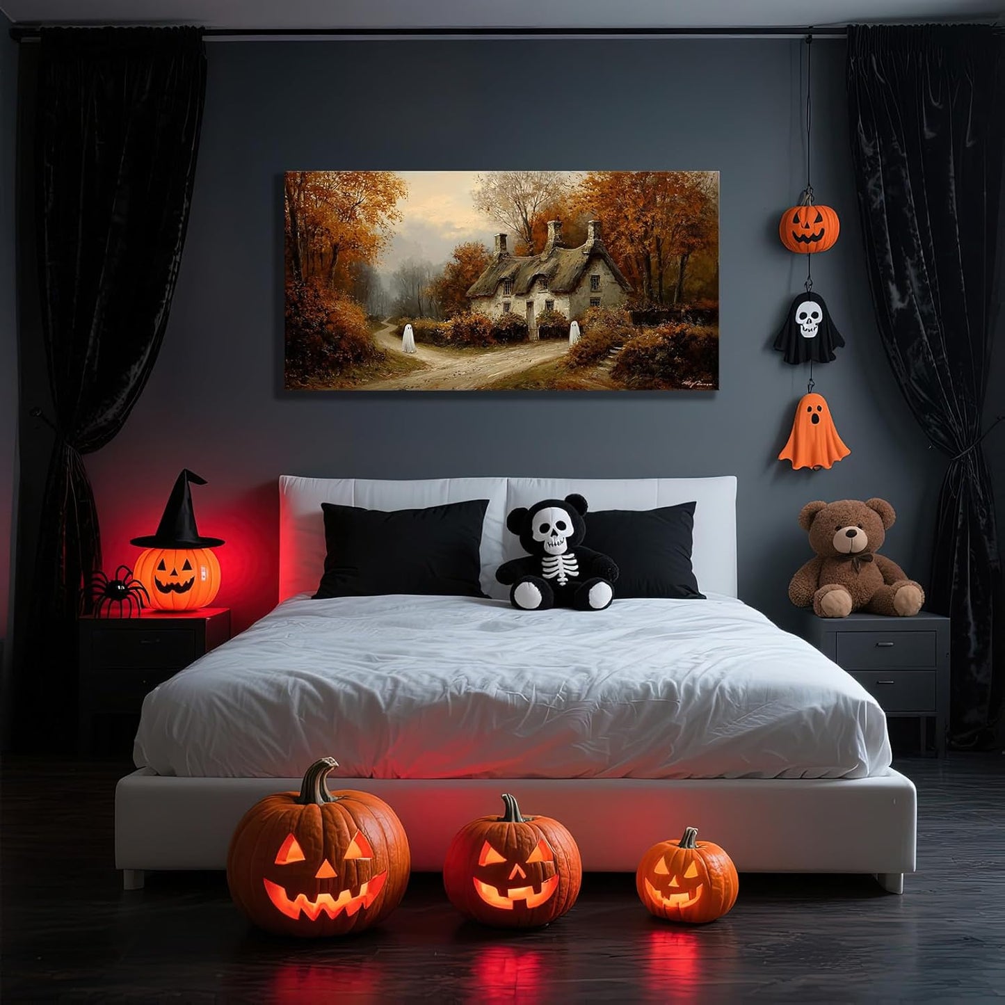 Laoife Halloween Canvas Wall Art, Vintage Spooky Farmhouse Autumn Rustic Landscape Wall Decoration, Ghost on Rural Roads for Living Room Bedroom Home Decor (Ghost 1)